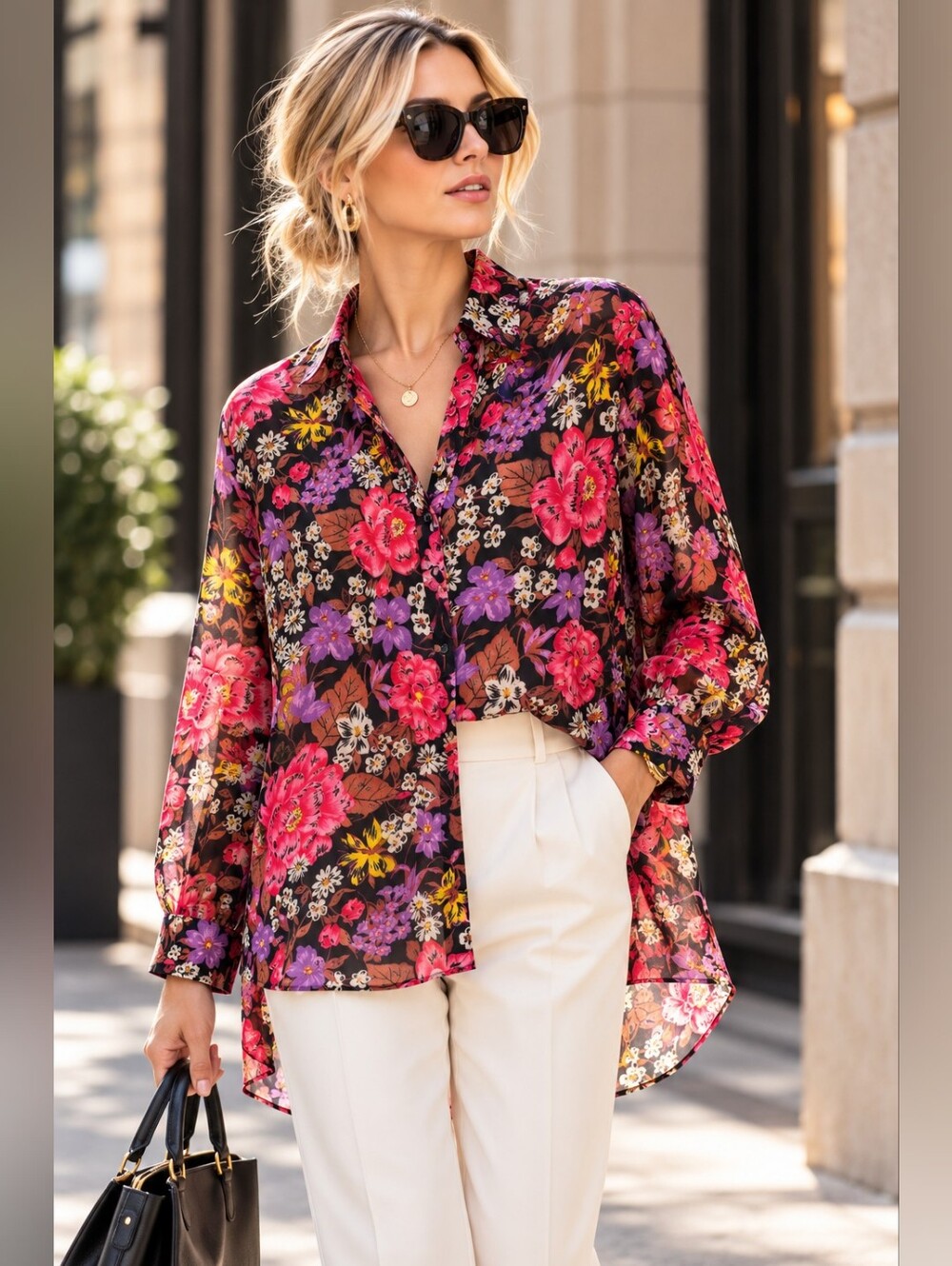 Zara Floral High Low Tunic Blouse Long Sleeve S